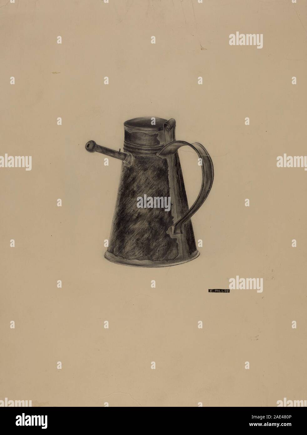 Tin Stillflasche von Edith Miller, um 1937, zylindrischer Korpus, Auslauf, abnehmbarer Verschluss, Griff, geprägte Dekoration und amerikanisches Kinderpflegedesign aus der Mitte des 20. Jahrhunderts. Stockfoto