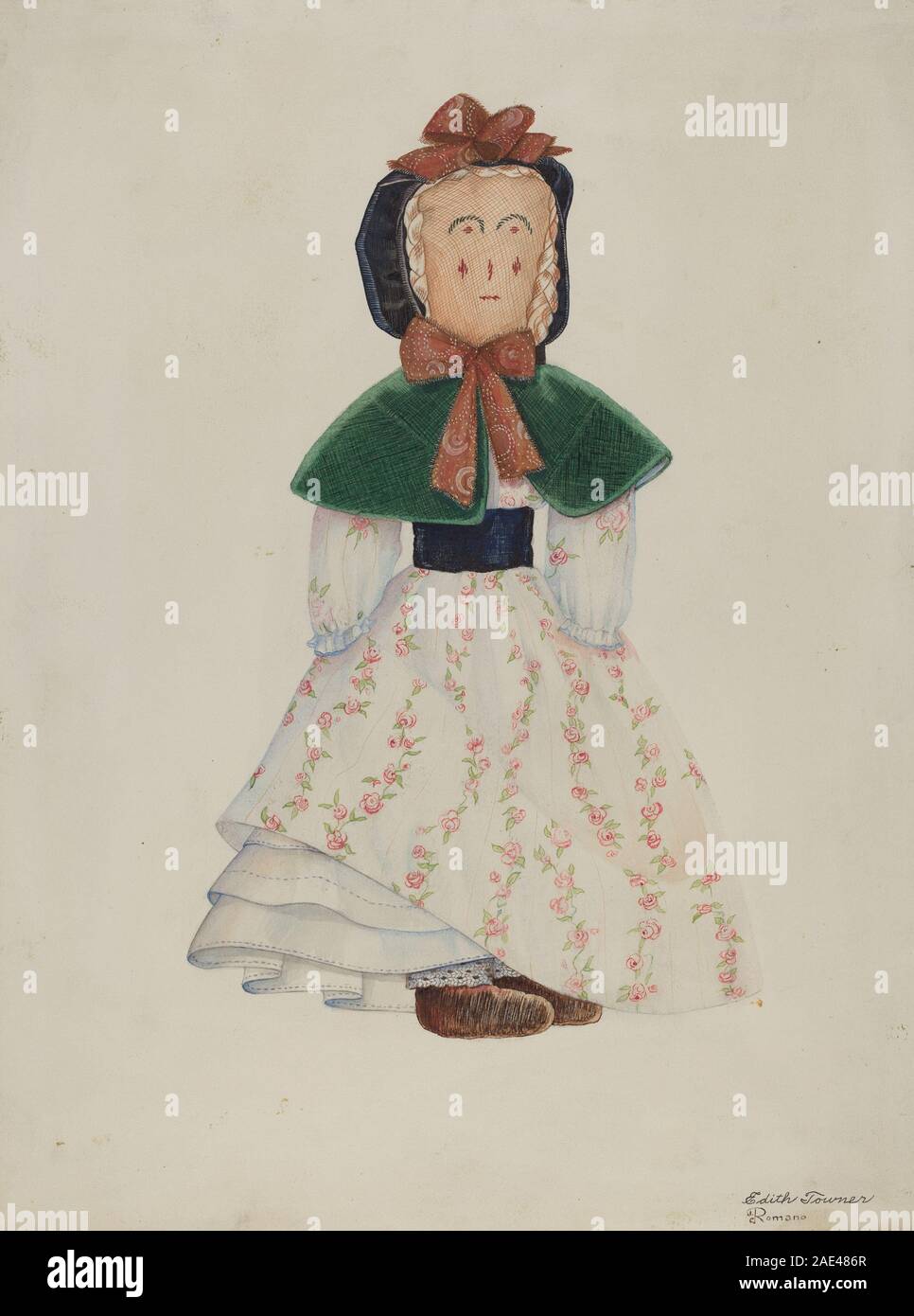 Puppe namens Maggie Bentley, geschaffen von Edith Towner und Josephine C. Romano um 1937, mit geformtem Kopf, bemalten Gesichtszügen, Stoffbekleidung, beweglichen Gliedmaßen, und amerikanisches Spielzeugdesign aus der Mitte des 20. Jahrhunderts. Stockfoto