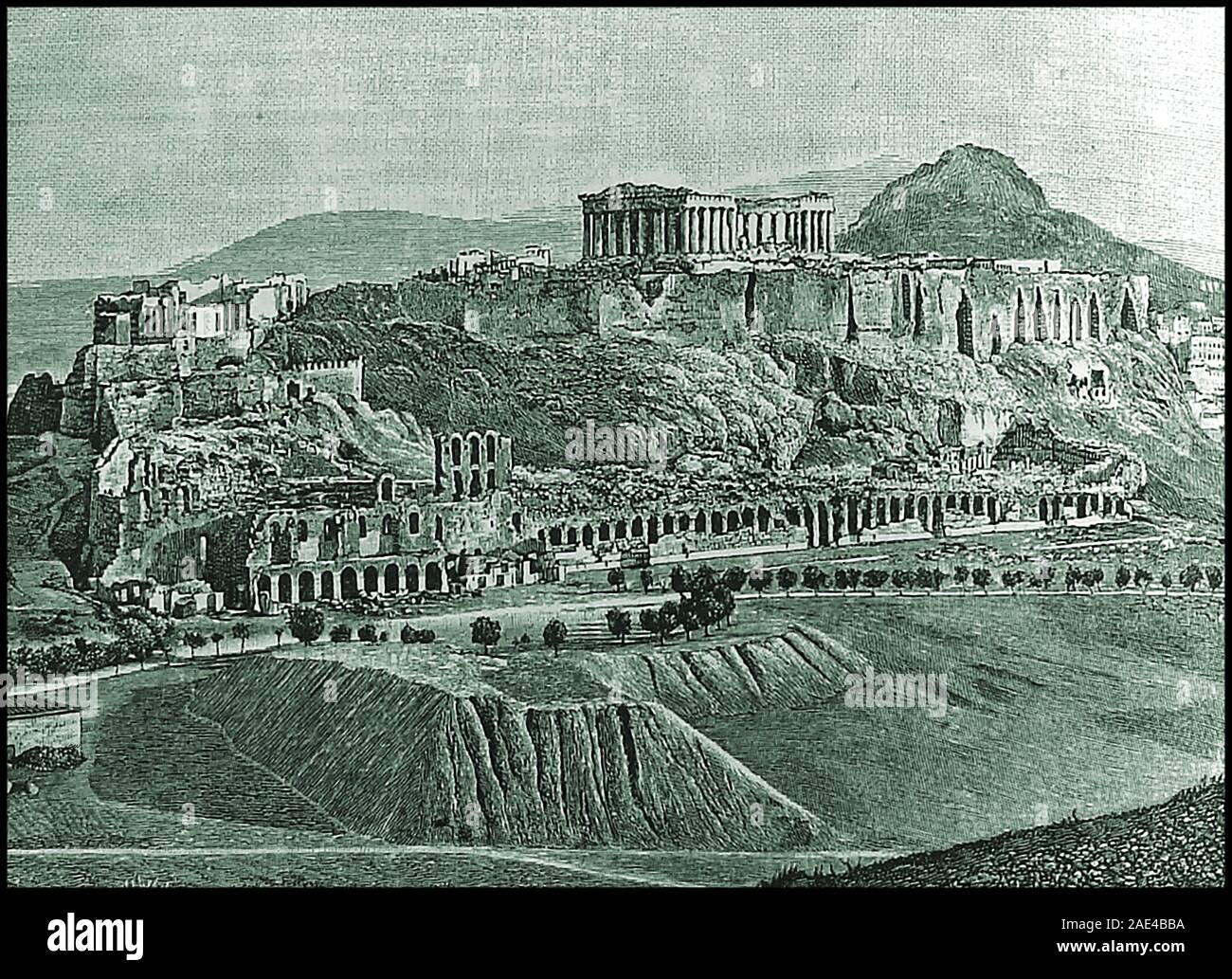 Ein historischer Stich 1805 zeigt - die Akropolis (ehemals Cecropia), Athen, Griechenland aus der Mouseion Hügel vor der gegenwärtigen Vegetation teilweise die Sicht verdeckt. Der Tempel ist archaeoastronomically (astronomisch) zu den Hyaden star Cluster ausgerichtet. Stockfoto