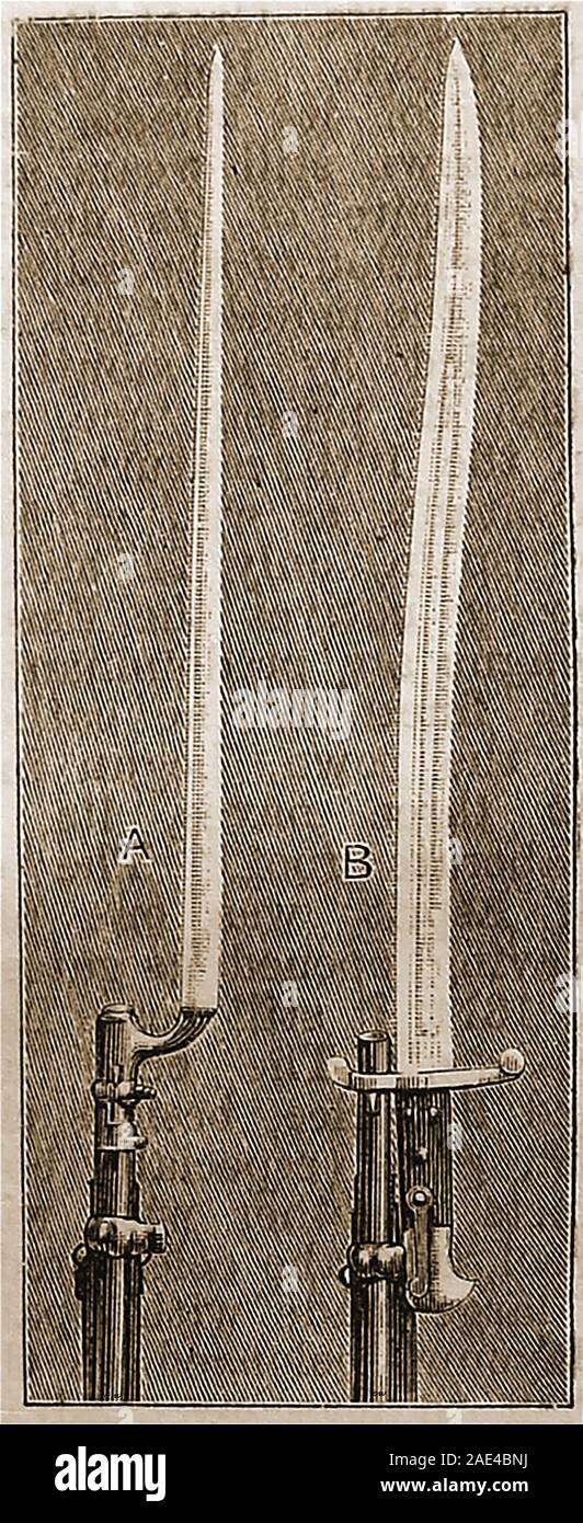 Ein 1888 zeigt den Unterschied zwischen einem Britischen Armee mit Bajonettverschluss (a) und einem Schwert-Bajonett (b) Stockfoto