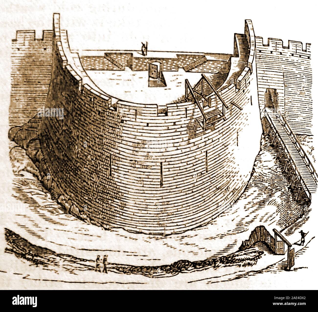 1888 Illustration - eine detaillierte Ansicht des Barbican in Carcassonne, Frankreich Stockfoto