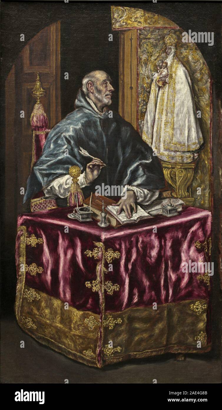 Ein Gemälde von El Greco (Domenikos Theotokopoulos), das zwischen 1603 und 1614 den Heiligen Ildefonso darstellt. Das Werk repräsentiert die spanische religiöse Malerei des frühen 17. Jahrhunderts und den manieristischen Stil. Stockfoto