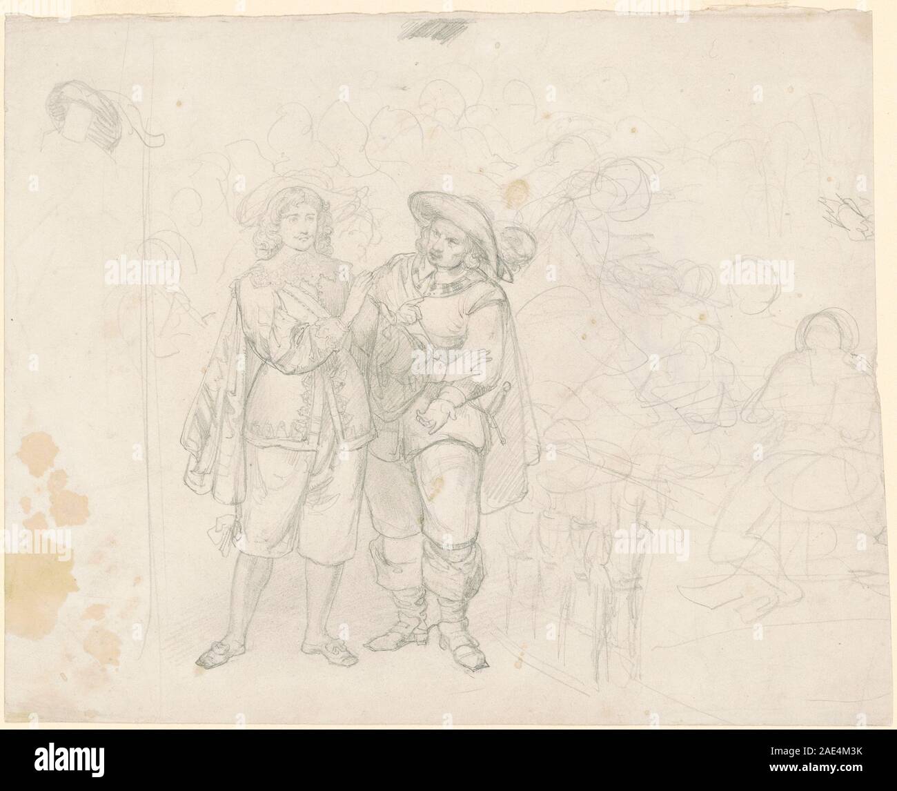 Emanuel Gottlieb Leutzes um die 1850er Jahre gedrehte „zwei Kavaliere“ zeigt zwei berittene Soldaten in historischer Militärkleidung, wobei Uniformen, Pferde, Haltung, Waffen, und Reitkomposition. Stockfoto