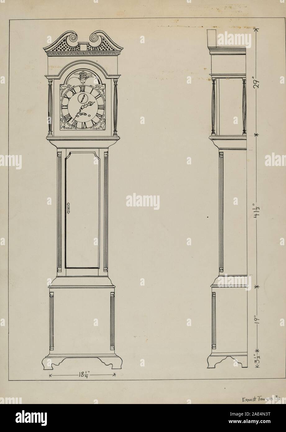 Eine Zeichnung mit Stift und Tinte auf Papier, die um 1936 von Ernest A. Towers Jr. erstellt wurde, mit feinen Linien, detaillierten Schattierungen und präziser Komposition, die typisch für die grafische Kunst des frühen 20. Jahrhunderts ist. Stockfoto