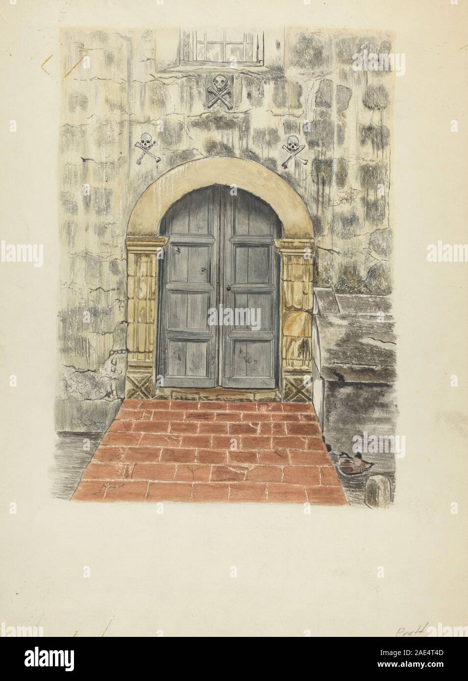 Ein Paar Türen und Türöffnungen, die zwischen 1935 und 1942 von Albert Pratt geschaffen wurden. Sie zeigen Holzkonstruktionen, Platten, Scharniere, Griffe, und Architekturdesign für funktionale und dekorative Zwecke. Stockfoto