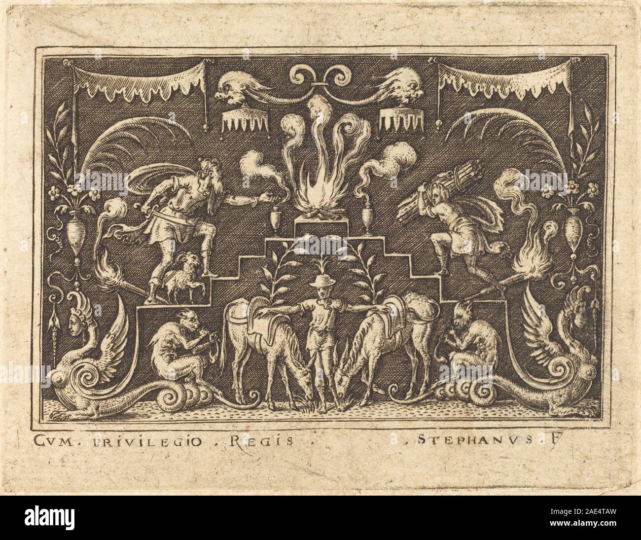 Ein Kunstwerk von Etienne Delaune, das die biblische Geschichte von Abraham darstellt, der sich darauf vorbereitet, seinen Sohn Isaak zu opfern, und Figuren, Ausdrücke, Gesten und symbolische Elemente zeigt. Stockfoto