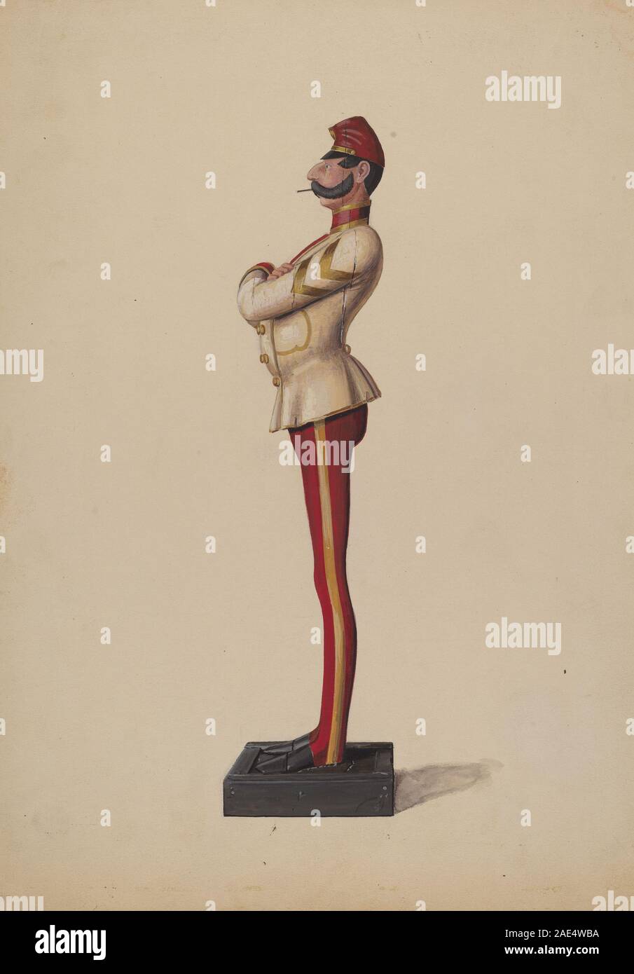 Zigarrenläden-Figur, die um 1937 von Eugene Croe geschaffen wurde. Die Holzfigur repräsentiert einen menschlichen Charakter, der traditionell für die Werbung von Tabakläden verwendet wird, mit gemalten Details, geschnitzter Form und realistischen Proportionen. Es spiegelt kommerzielle Schilder und Volkskunst des frühen 20. Jahrhunderts wider. Stockfoto