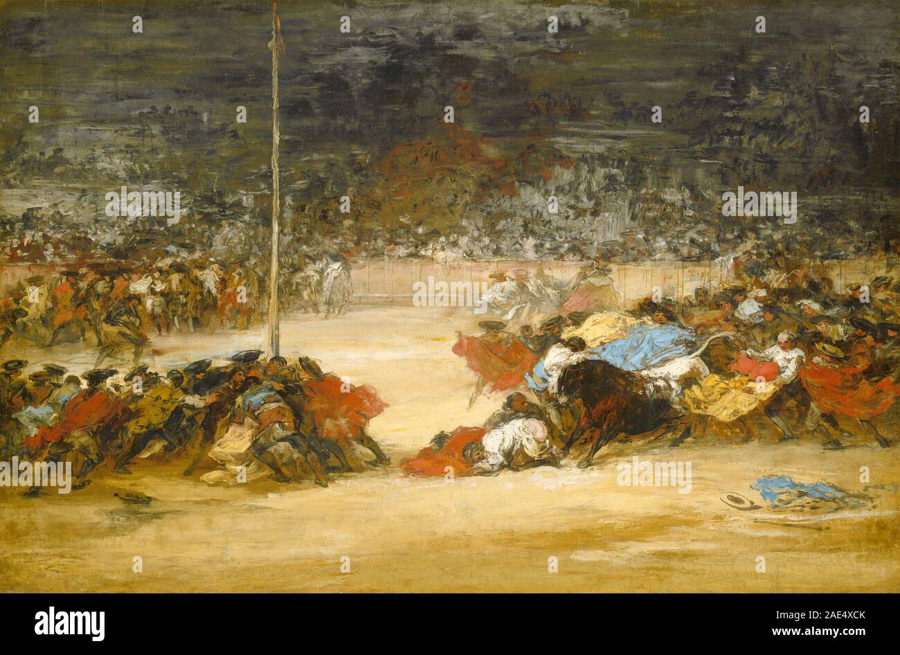 Ein Gemälde von Eugenio Lucas Villamil aus der Zeit um 1890-1900, das einen Stierkampf darstellt. Das Kunstwerk betont Matadors, Stiere, Arena, Bewegung und spanischen Malstil aus dem späten 19. Jahrhundert. Stockfoto