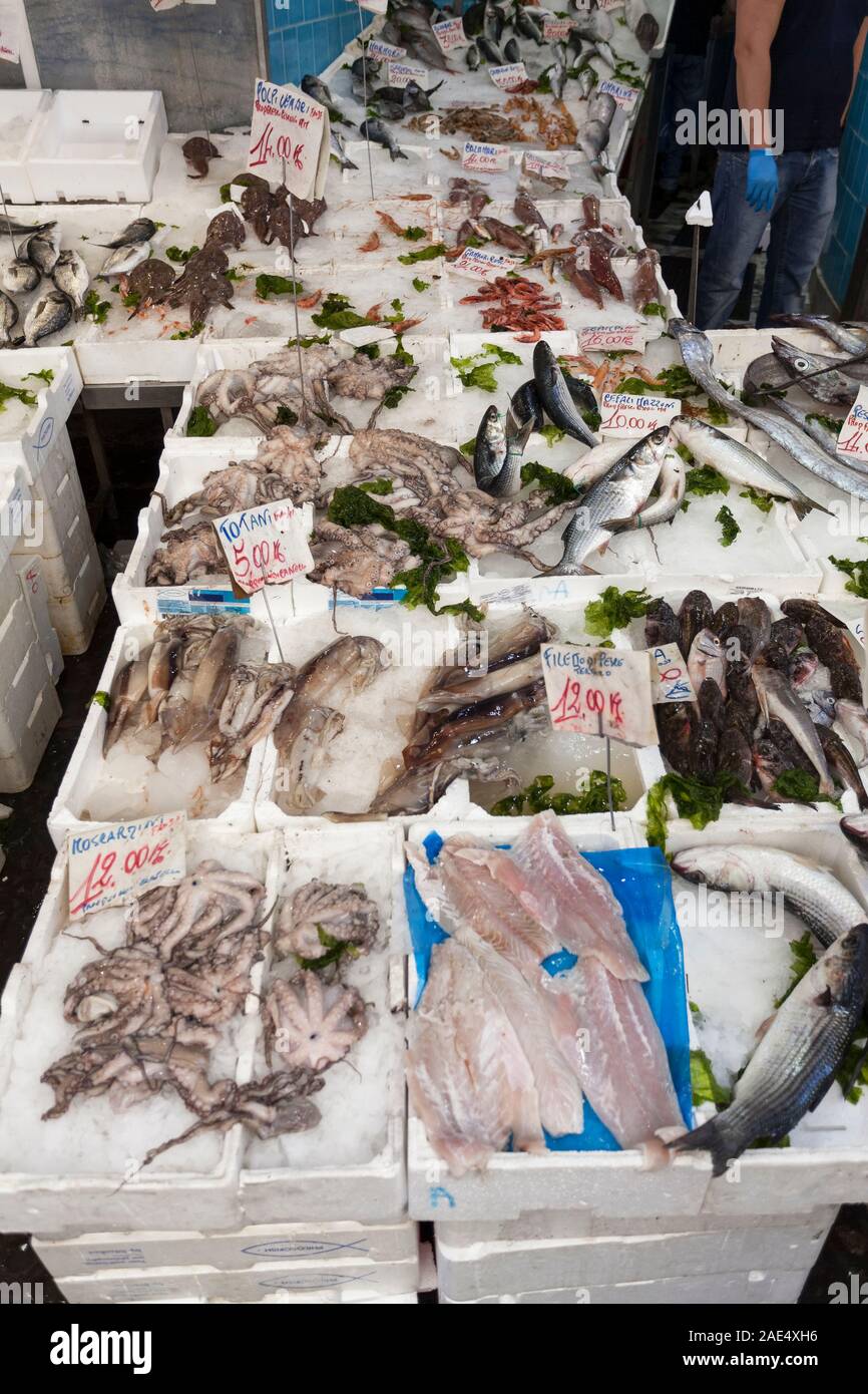 Fischhändler im La Pignasecca Markt im Zentrum von Neapel, Kampanien, Italien, Europa Stockfoto