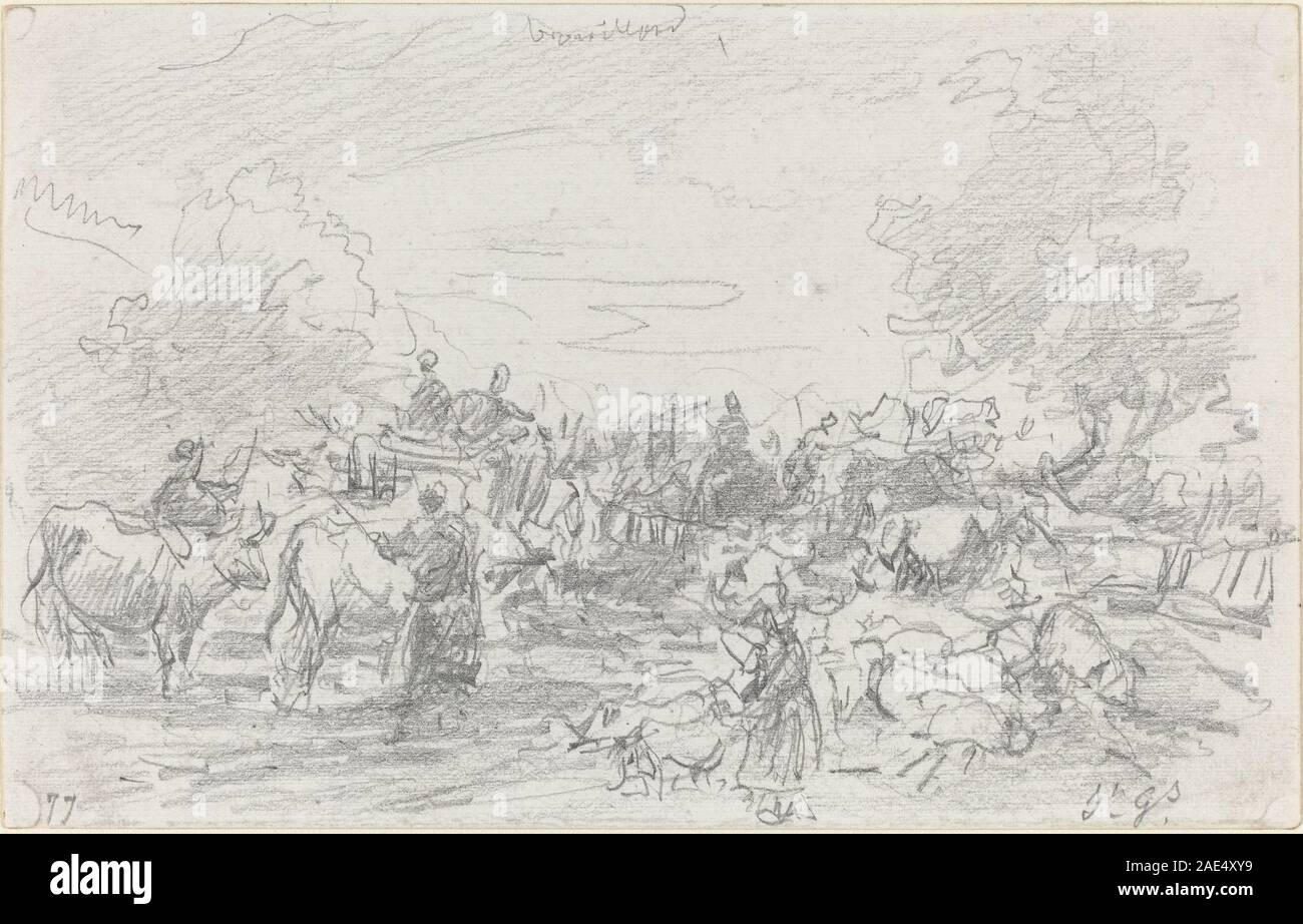Ein Gemälde von Eugène Boudin aus dem Jahr 1877, das Tierherden zeigt, die einen Bach überqueren. Das Kunstwerk betont natürliche Landschaft, Wasser, Tiere und realistischen Stil des späten 19. Jahrhunderts. Stockfoto