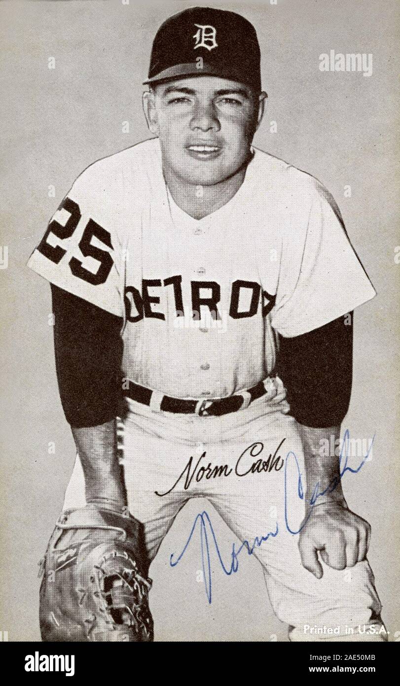 Vintage autographierte Schwarz und Weiß Erinnerungsfoto von Norm Bargeld mit der Detroit Tigers ca. 1960er Jahre. Stockfoto