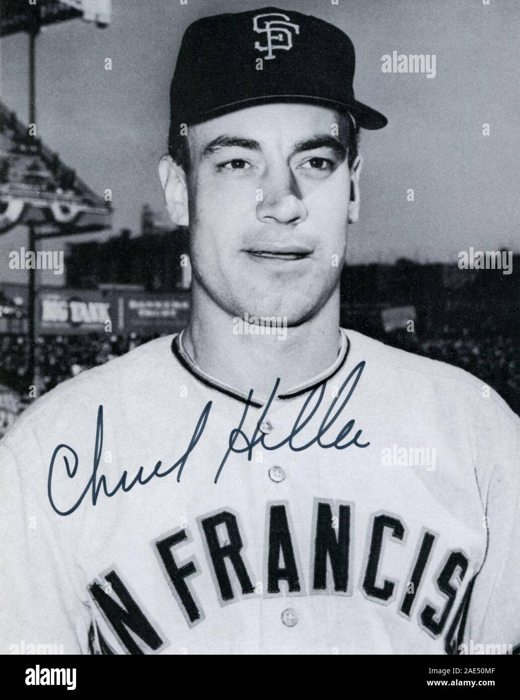 Vintage autographierte Schwarz und Weiß Erinnerungsfoto von Chuck Hiller mit den San Francisco Giants ca. 1960er Jahre. Stockfoto