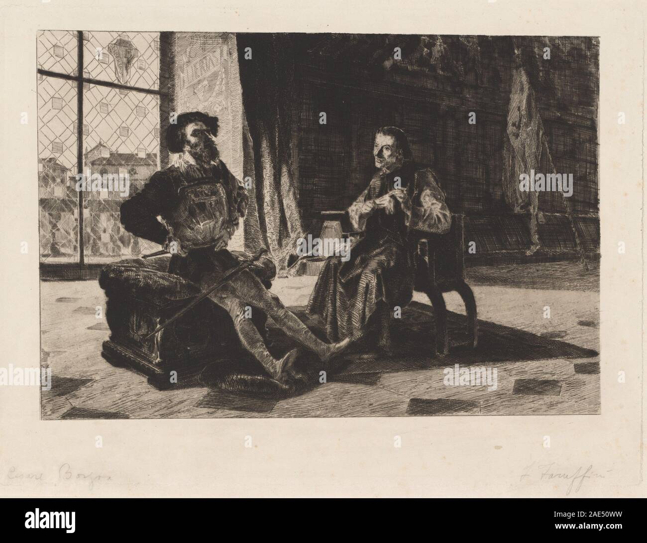 Ein Gemälde von Federico Faruffini aus dem Jahr 1866, das Cesare Borgia und Machiavelli zeigt, historische Figuren, Kleidung, Gesten, Setting, und künstlerische Komposition aus der Mitte des 19. Jahrhunderts. Stockfoto