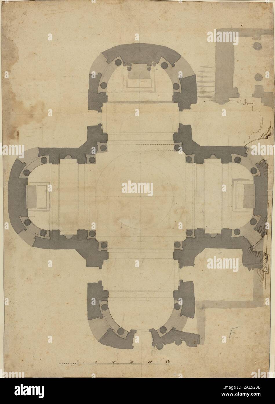 Ein Grundriss von Filippo Juvarra, der architektonische Grundrisse, Räume, Wände und räumliche Anordnung im Design von Gebäuden zeigt und die europäische Architekturplanung des frühen 18. Jahrhunderts widerspiegelt. Stockfoto