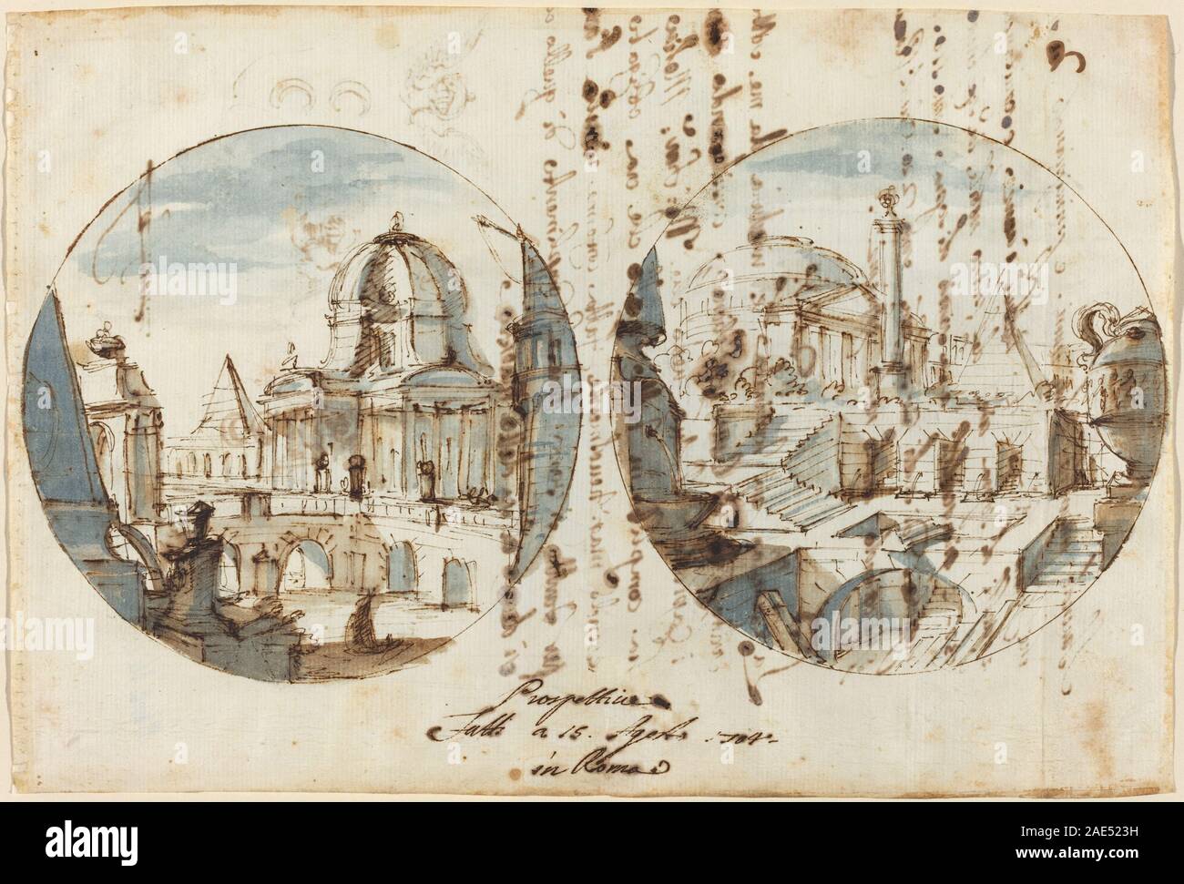 Diese Zeichnung von Filippo Juvarra aus dem Jahr 1704 zeigt phantasievolle architektonische Kompositionen, die Tempel und Pyramiden miteinander verbinden. Sie hebt Perspektive, klassische Motive und raffiniertes Design hervor, das typisch für die architektonische Fantasie des frühen 18. Jahrhunderts ist. Stockfoto