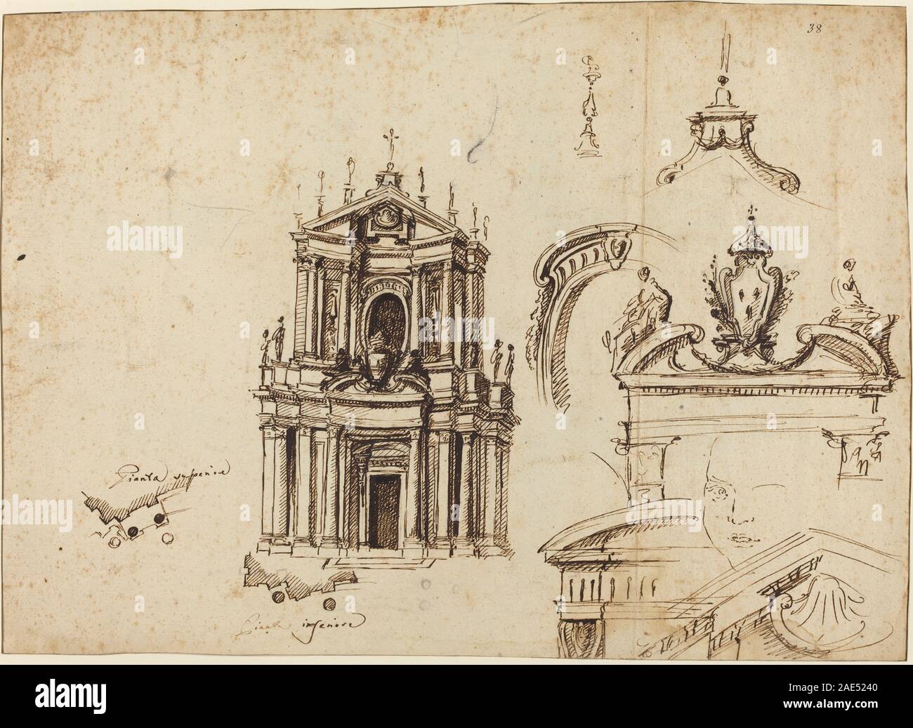 Studien für die Fassade von Santa Cristina, die Filippo Juvarra um 1715 gezeichnet hat, zeigen architektonische Entwürfe und Pläne für die Kirchenfassade, einschließlich struktureller Elemente, Proportionen und ornamentaler Elemente, die die italienische Architekturpraxis des frühen 18. Jahrhunderts widerspiegeln. Stockfoto