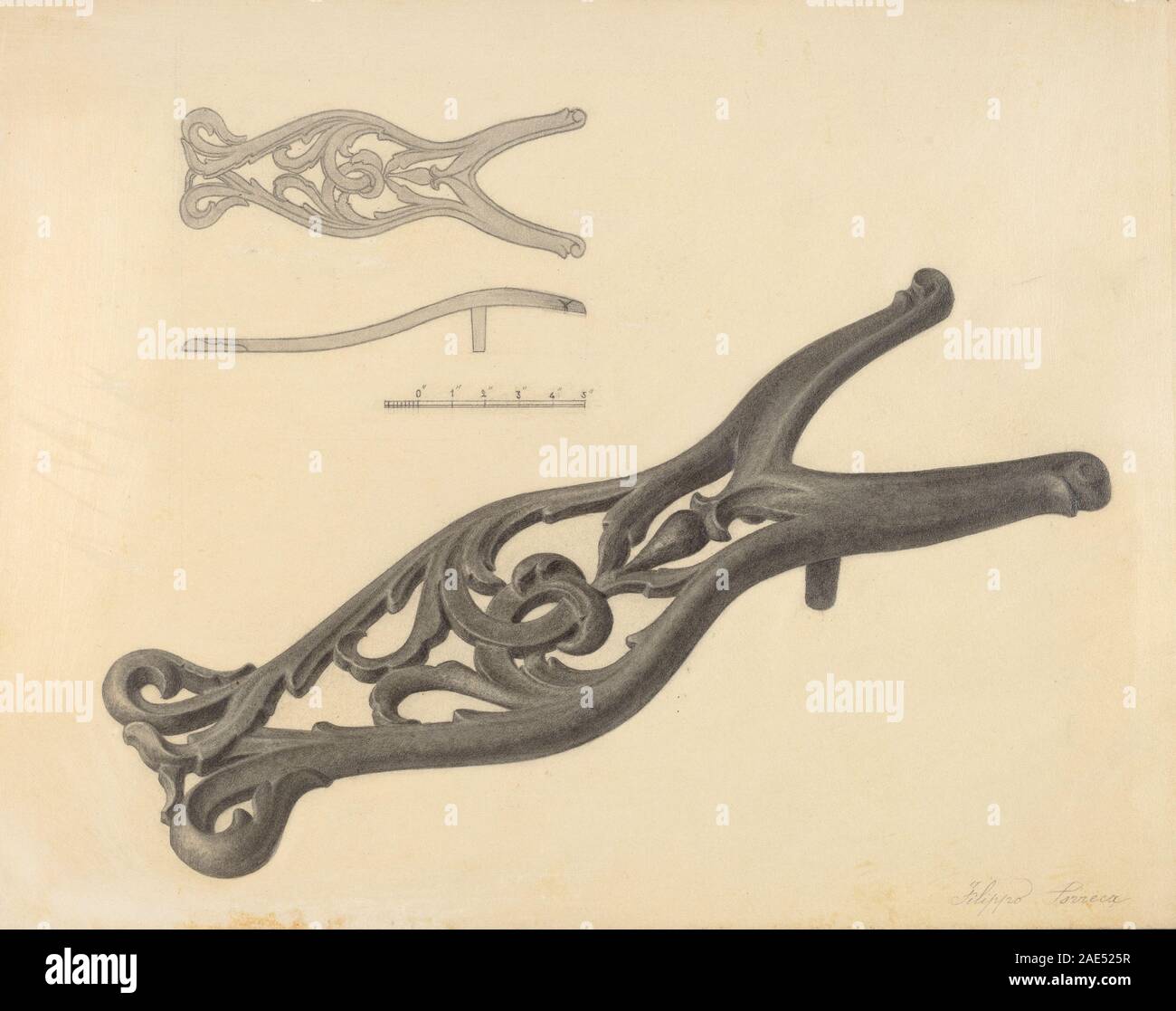 Ein Bootjack, der um 1937 von Filippo Porreca hergestellt wurde, aus Holz oder Metall gefertigt wurde und zum Ausziehen der Stiefel verwendet wurde, mit Griff, Basis und praktischem Design für die Schuhpflege. Stockfoto