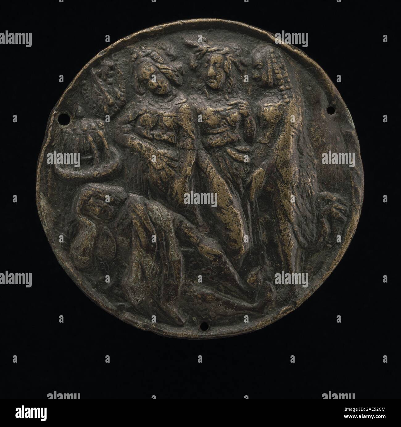 Dieses flämische Gemälde aus dem 15. Jahrhundert zeigt die mythologische Geschichte des Pariser Gerichts. Die Szene umfasst Paris, die drei Göttinnen – Hera, Athena und Aphrodite – und detaillierte Elemente der Landschaft und klassischen Kostüme. Stockfoto