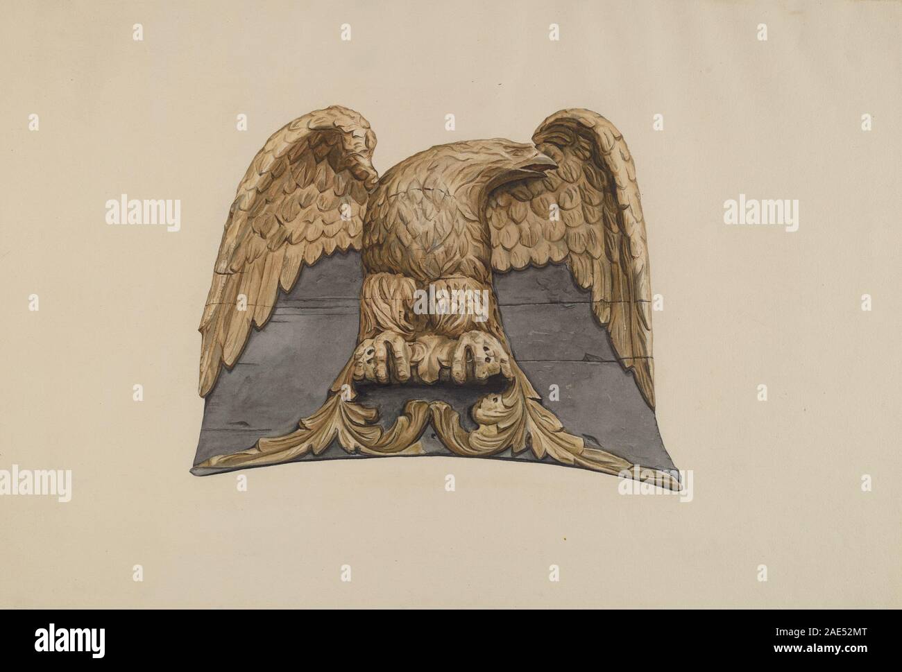 Das Relief des Spread Adlers wurde zwischen 1935 und 1942 von Flora Merchant geschaffen. Das geschnitzte Holz- oder Metallrelief zeigt einen Adler mit ausgestreckten Flügeln, der Federn, Form und dekorative Schnitzereien betont und die patriotische und dekorative Kunst des frühen 20. Jahrhunderts widerspiegelt. Stockfoto