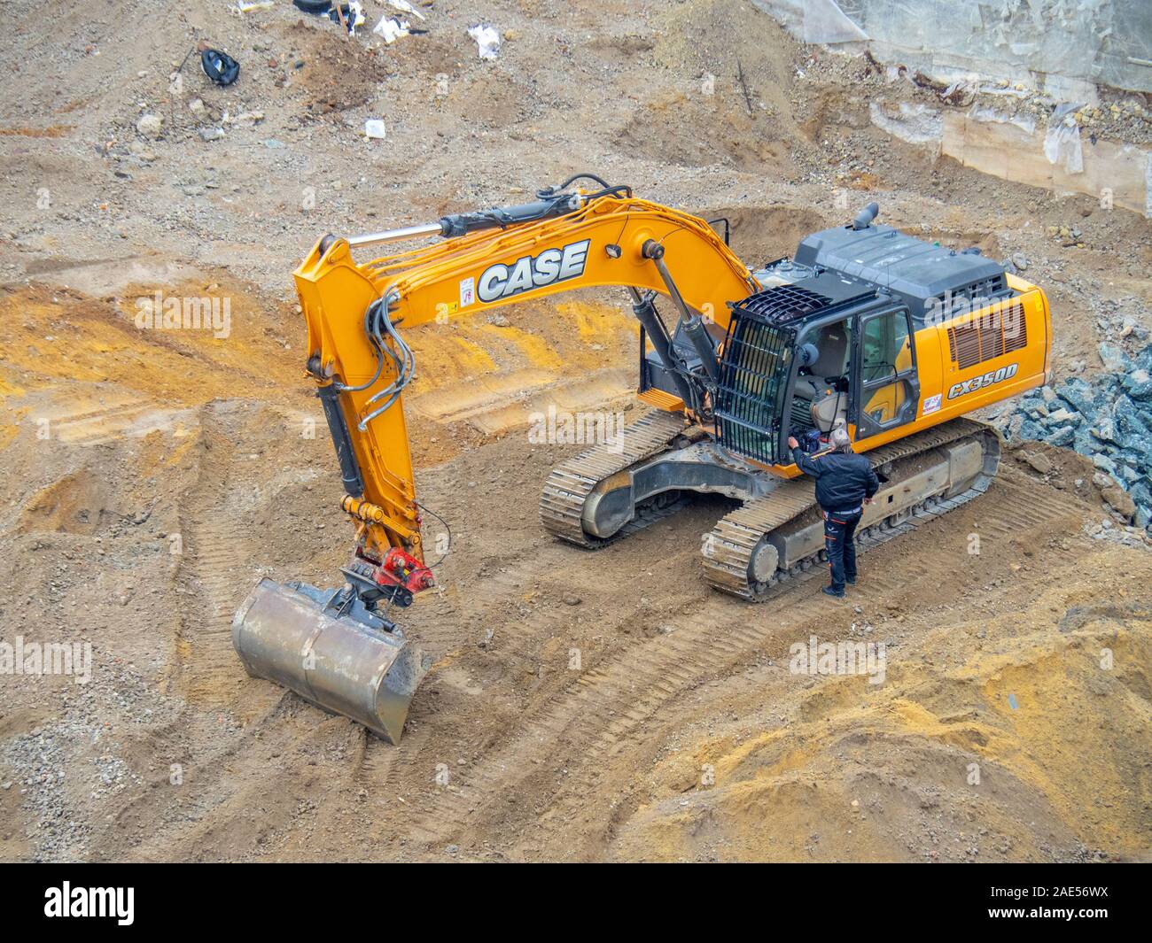 Bagger in einem Baugelände in Mittel-Dresden Sachsen Deutschland. Stockfoto