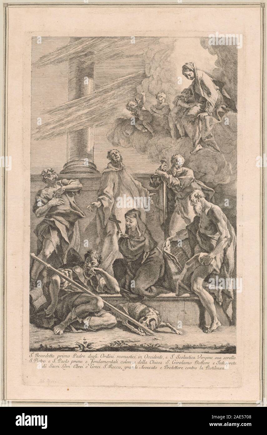 Die Madonna mit Kind und zwei Engeln und Heiligen Scholastika, Benedikt, Roch, Peter, Paul und Jerome; c. 1740 Francesco Fontebasso nach Sebastiano Ricci, die Madonna mit Kind und zwei Engeln und Heiligen Scholastika, Benedikt, Roch, Peter, Paul und Jerome, c 1740 Stockfoto Die Madonna mit Kind und zwei Engeln und Heiligen Scholastika, Benedikt, Roch, Peter, Paul und Jerome; c. 1740 Francesco Fontebasso nach Sebastiano Ricci, die Madonna mit Kind und zwei Engeln und Heiligen Scholastika, Benedikt, Roch, Peter, Paul und Jerome, c 1740 Stockfoto