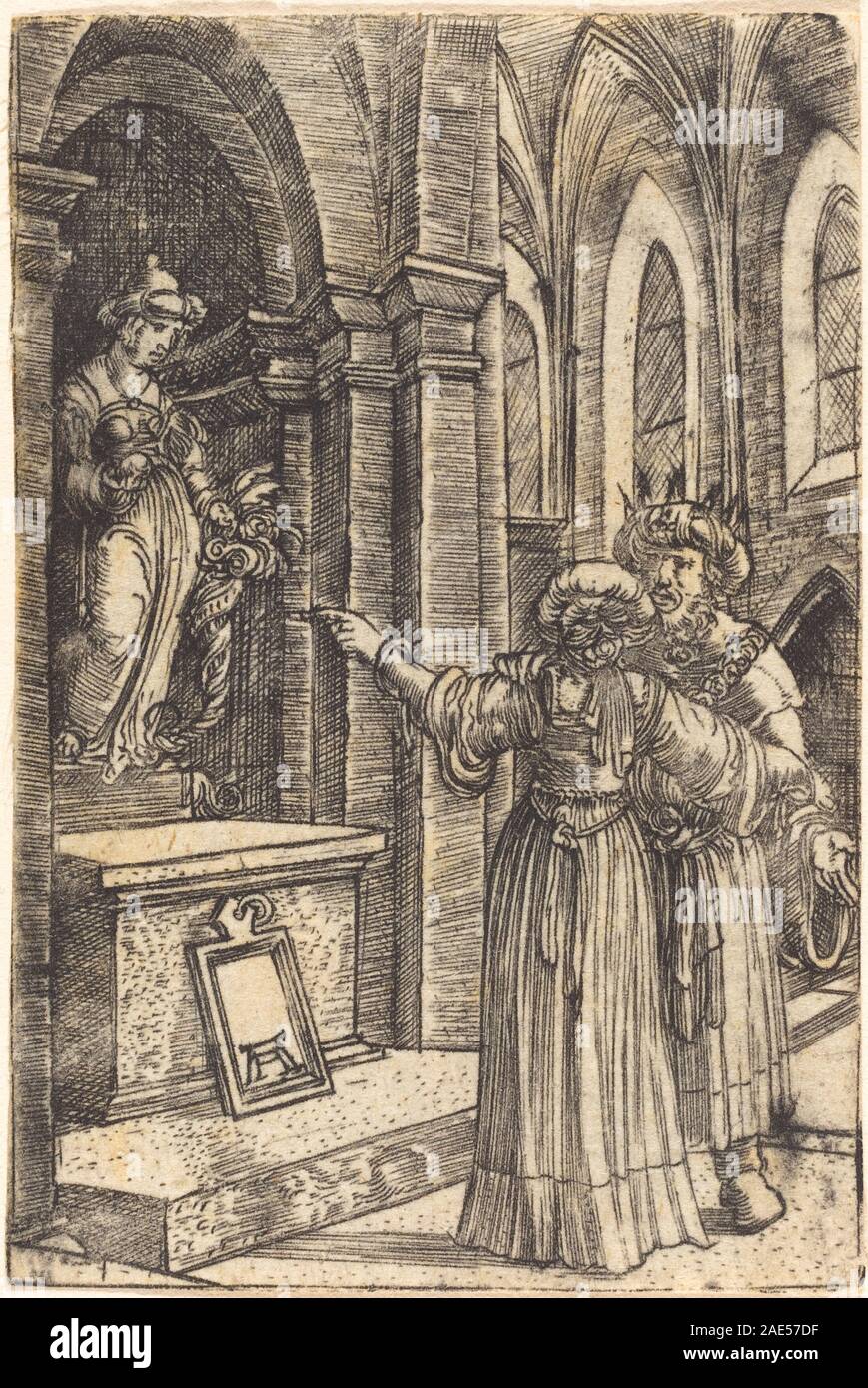 Dieses Gemälde von Albrecht Altdorfer, um 1519, zeigt den biblischen König Salomo, der zu Götzen betet. Das Werk betont religiöse Erzählungen, expressive Figuren, architektonischen Hintergrund und den Stil der deutschen Renaissance des frühen 16. Jahrhunderts. Stockfoto