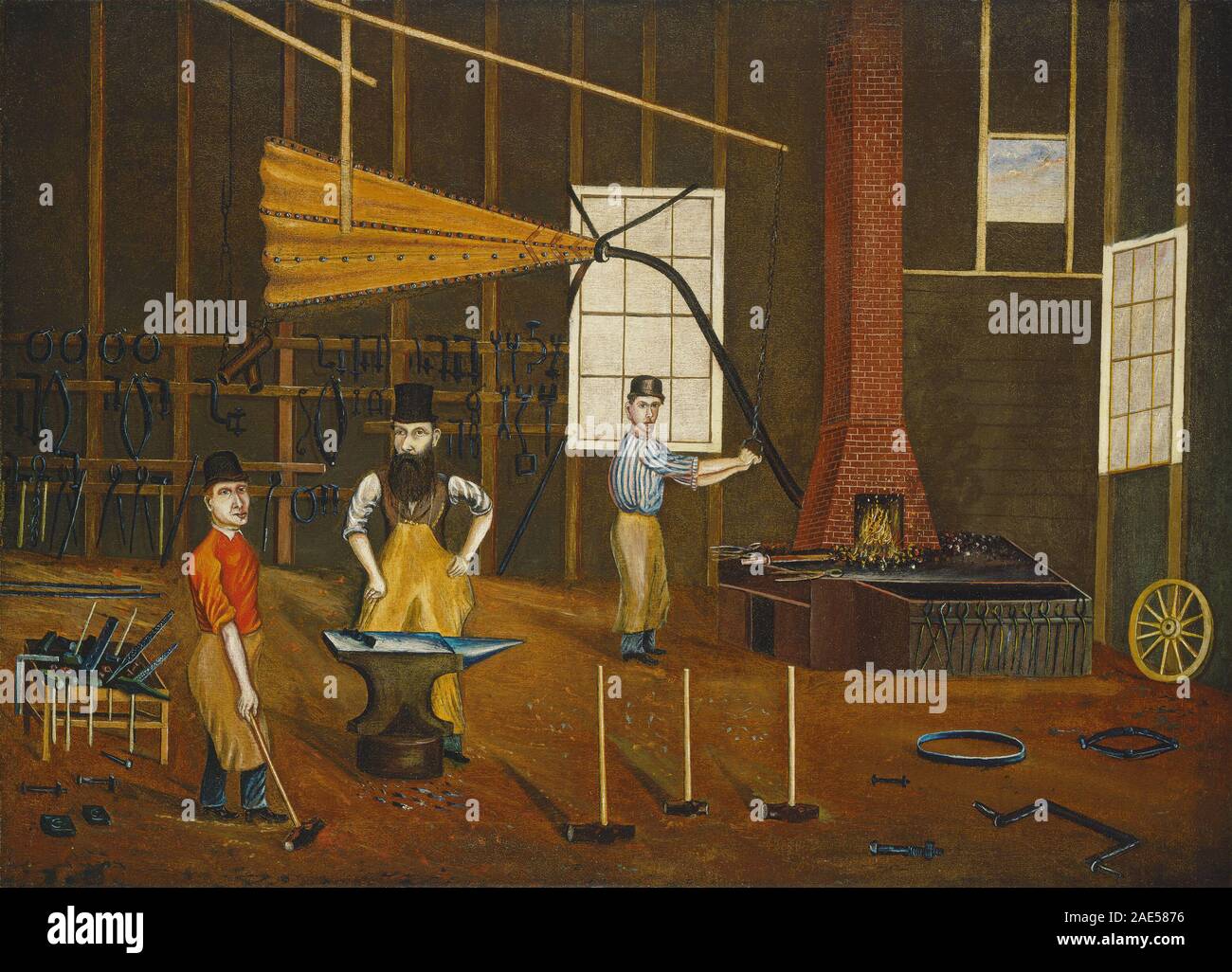 Dieses Foto von Francis A. Beckett, um 1880, zeigt eine Schmiede mit Schmiede, Amboss, Werkzeugen und Arbeitern. Es zeigt Metallbearbeitungsprozesse aus dem 19. Jahrhundert, Werkstattgestaltung und industrielle Praktiken im Haushalt. Stockfoto