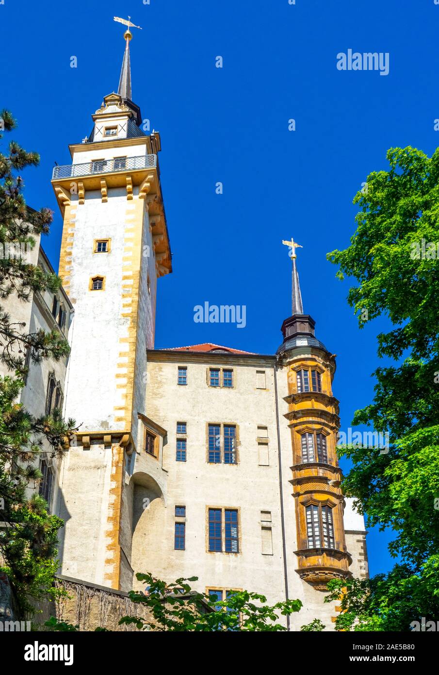 Toriel-Erker und Hausmannsturm von Schloss Hartenfels Altstadt Torgau Sachsen Deutschland. Stockfoto