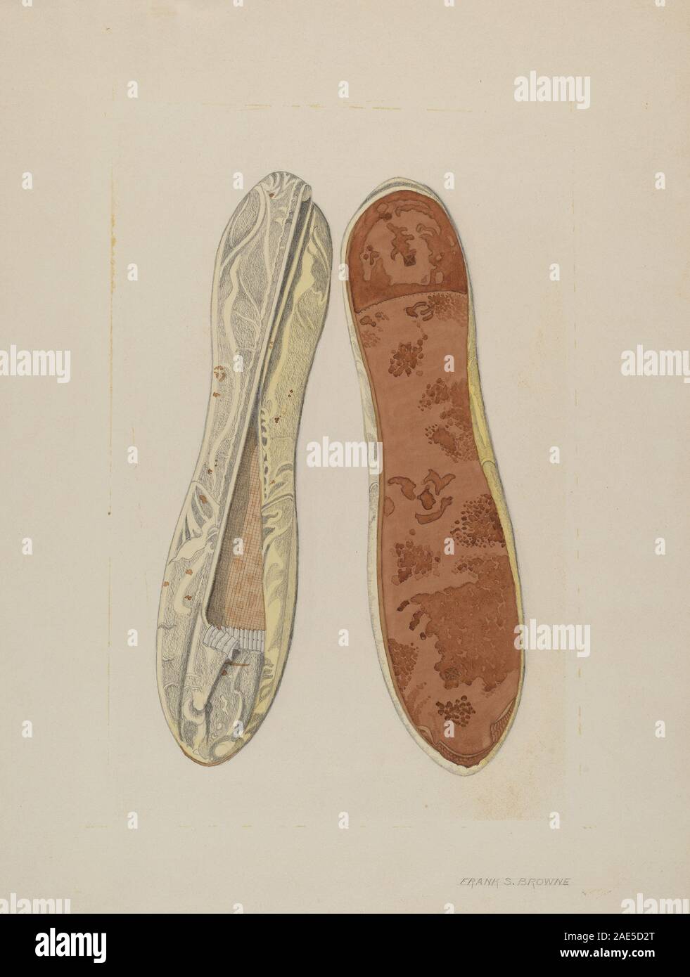 Ein Paar Pantoffeln, die um 1940 von Frank S. Browne hergestellt wurden und die Konstruktion, Materialien und Design zeigen, die typisch für Haushaltsschuhe des frühen 20. Jahrhunderts sind. Stockfoto
