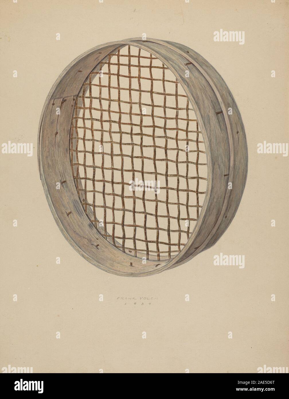 Ein Blei-Miner-Sieb von Frank Volem aus dem Jahr 1940, der zur Trennung von Bleierz verwendet wurde, mit Metallgitter, Holzrahmen, funktionellem Design und robuster Konstruktion. Stockfoto