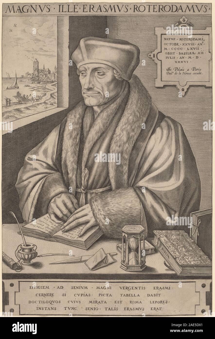 Ein Porträtdruck von Erasmus von Rotterdam von Frans Huys nach Hans Holbein dem Jüngeren, der die menschliche Figur, detaillierte Gesichtszüge, Ausdruck und europäische Porträtkomposition des 16. Jahrhunderts darstellt. Stockfoto