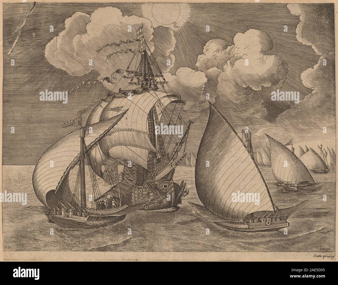 Ein 1565 erschienener Druck von Frans Huys nach Pieter Bruegel dem Älteren, der eine Flotte von Galeeren zeigt, die von einem Karabel begleitet werden, mit Schiffen, Segeln, See und maritimen Aktivitäten. Stockfoto