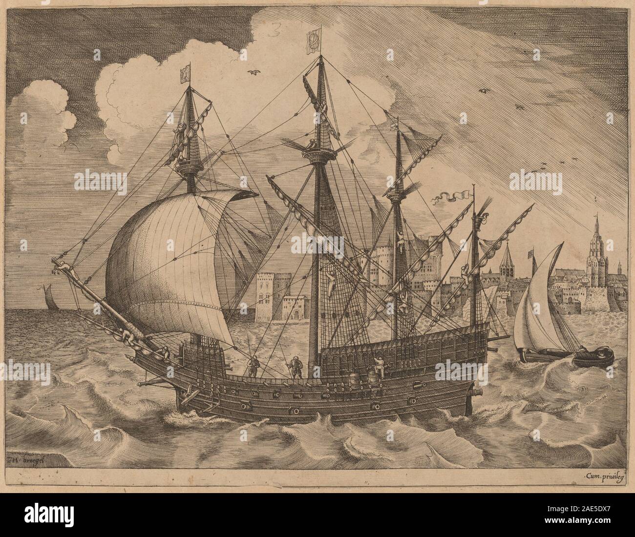 Ein Gravur von Frans Huys nach Pieter Bruegel dem Älteren aus dem Jahr 1565, der ein bewaffnetes Viermastschiff zeigt, das auf See segelt, und hebt das Design, die Takelage und die maritimen Aktivitäten des 16. Jahrhunderts hervor. Stockfoto