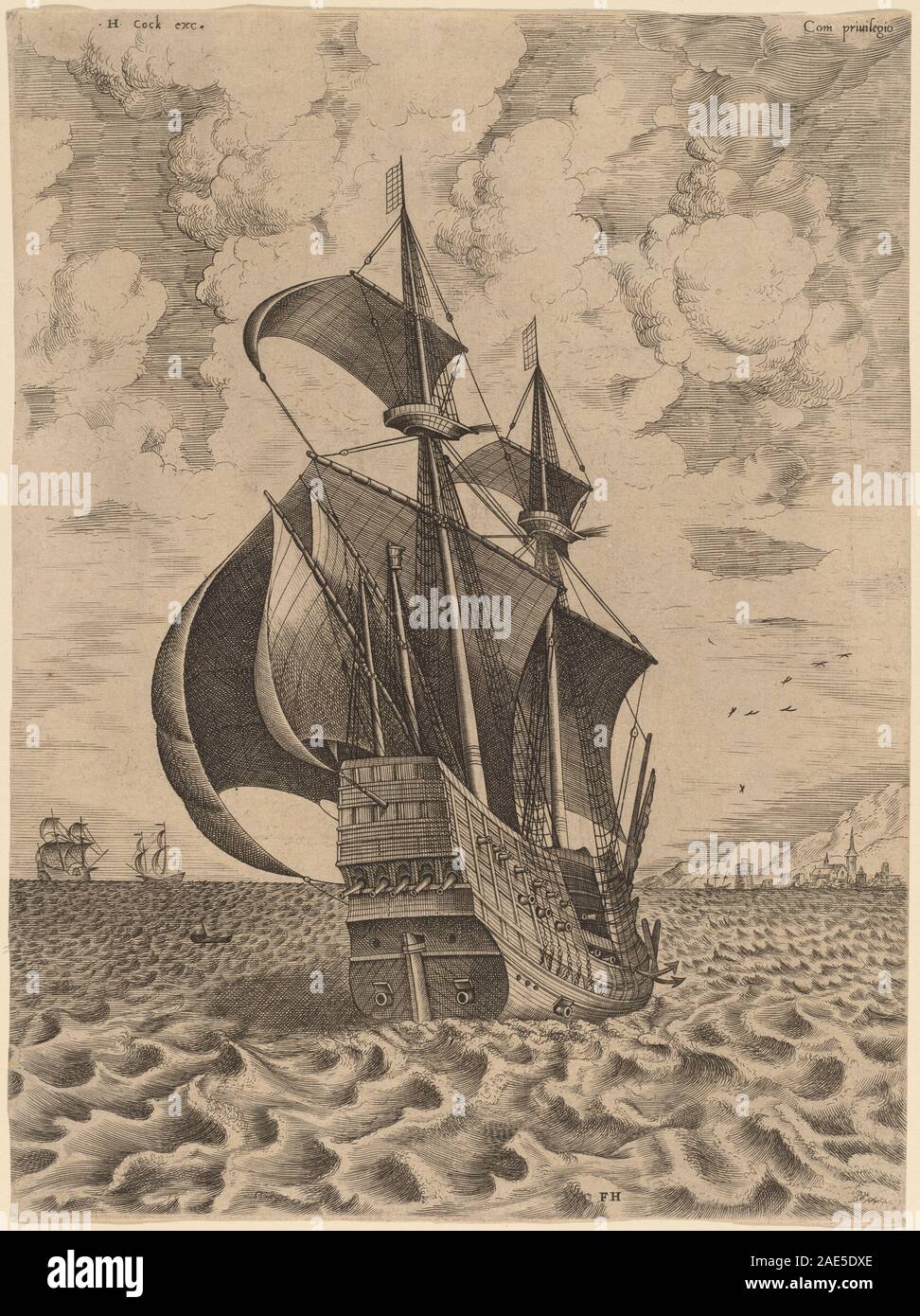 Bewaffnete Four-Master segeln in Richtung Anschluss; 1565 Datum Frans Huys nach Pieter Brueghel der Ältere, bewaffnete Four-Master Segeln auf dem Weg zu einem Hafen, 1565 Stockfoto
