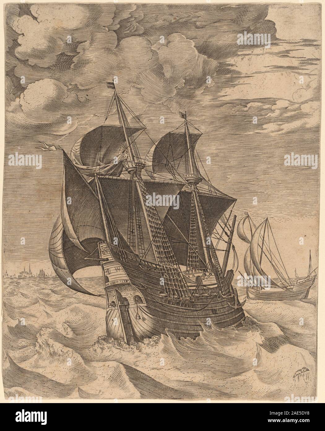Eine niederländische Hulk und ein boeier; 1565 Datum Frans Huys nach Pieter Brueghel der Ältere, einem niederländischen Hulk und ein boeier, 1565 Stockfoto