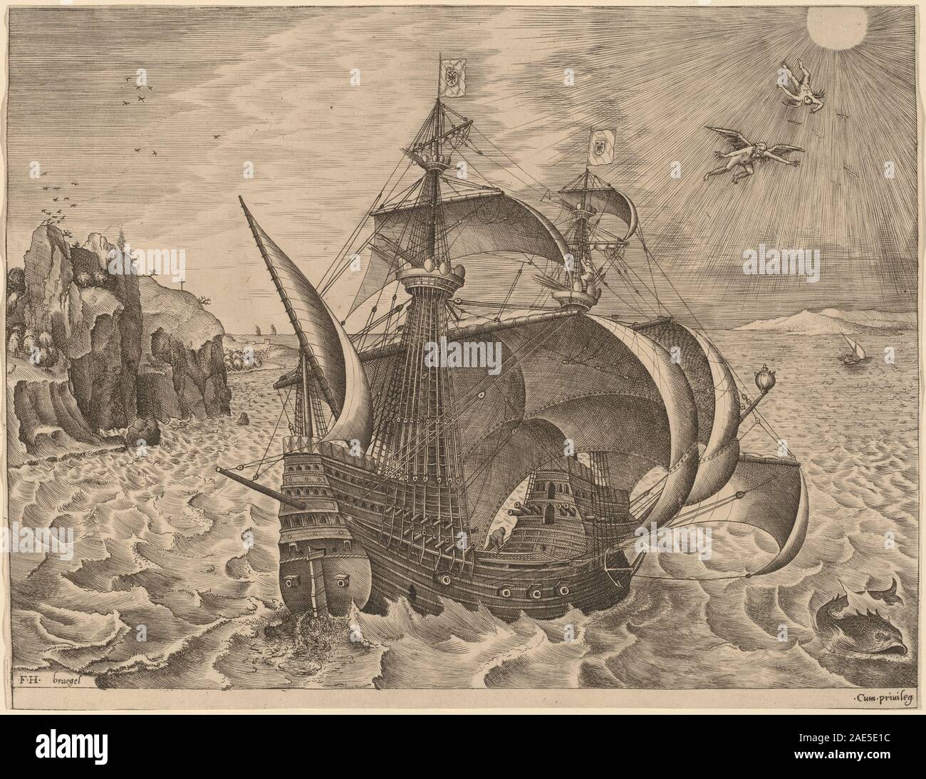 Dieses Gemälde von Frans Huys nach Pieter Bruegel dem Älteren zeigt ein bewaffnetes Dreimastschiff mit Daedalus und Icarus, das am Himmel fliegt. Die Komposition verbindet maritime und mythologische Elemente. Stockfoto