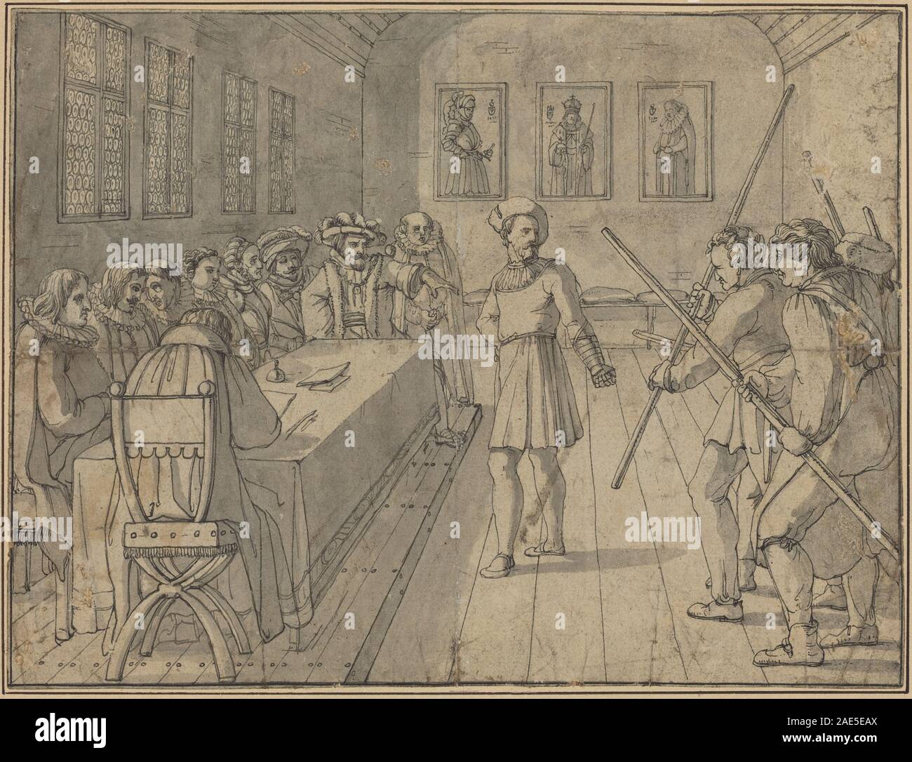 Ein um 1810 erschienener Druck von Franz Pforr, der eine Szene aus dem IV. Akt von Goethes Gotz von Berlichingen mit Figuren, Gesten und theatralischem Setting darstellt. Stockfoto