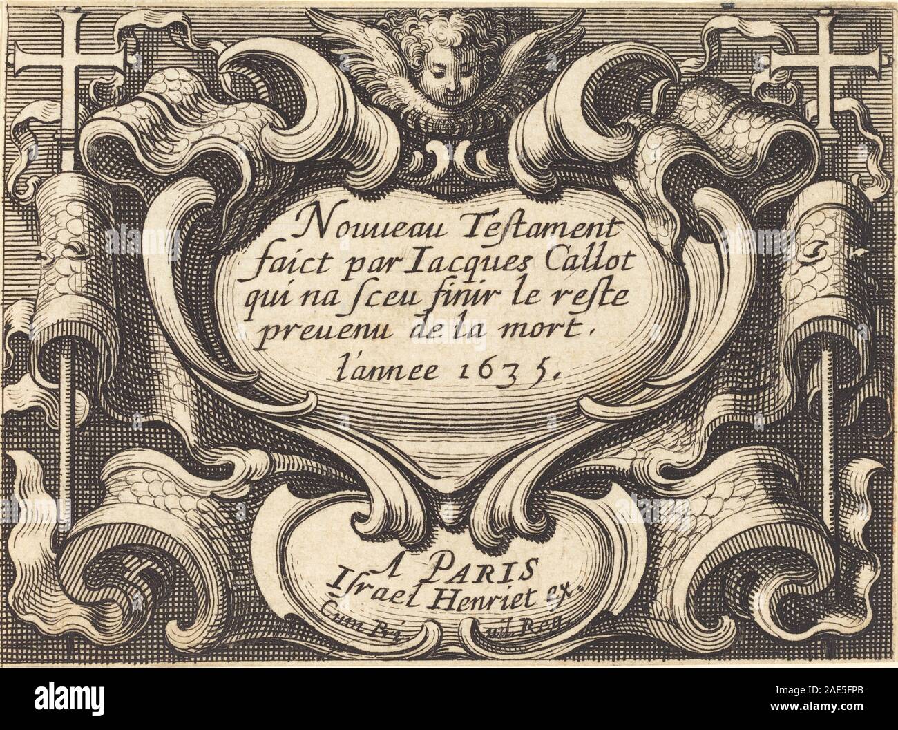 Ein Frontispiece von Abraham Bosse aus dem Jahr 1635 für Callots das neue Testament, das einen detaillierten Gravur mit biblischen Szenen, ornamentalen Grenzen und Figuren zeigt, die Schlüsselmomente aus der Schrift illustrieren. Stockfoto