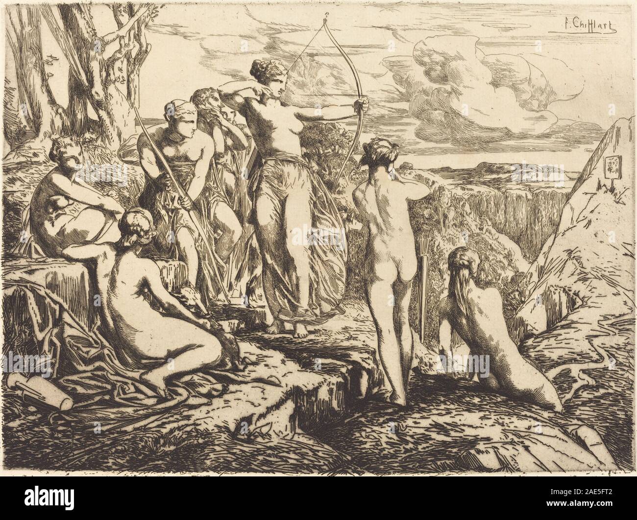 Ein 1865 erschienener Druck von Francois-Nicolas Chifflart, der Diana und ihre Nymphen zeigt, mit Figuren, Gesten, natürlicher Landschaft und mythologischem Thema. Stockfoto