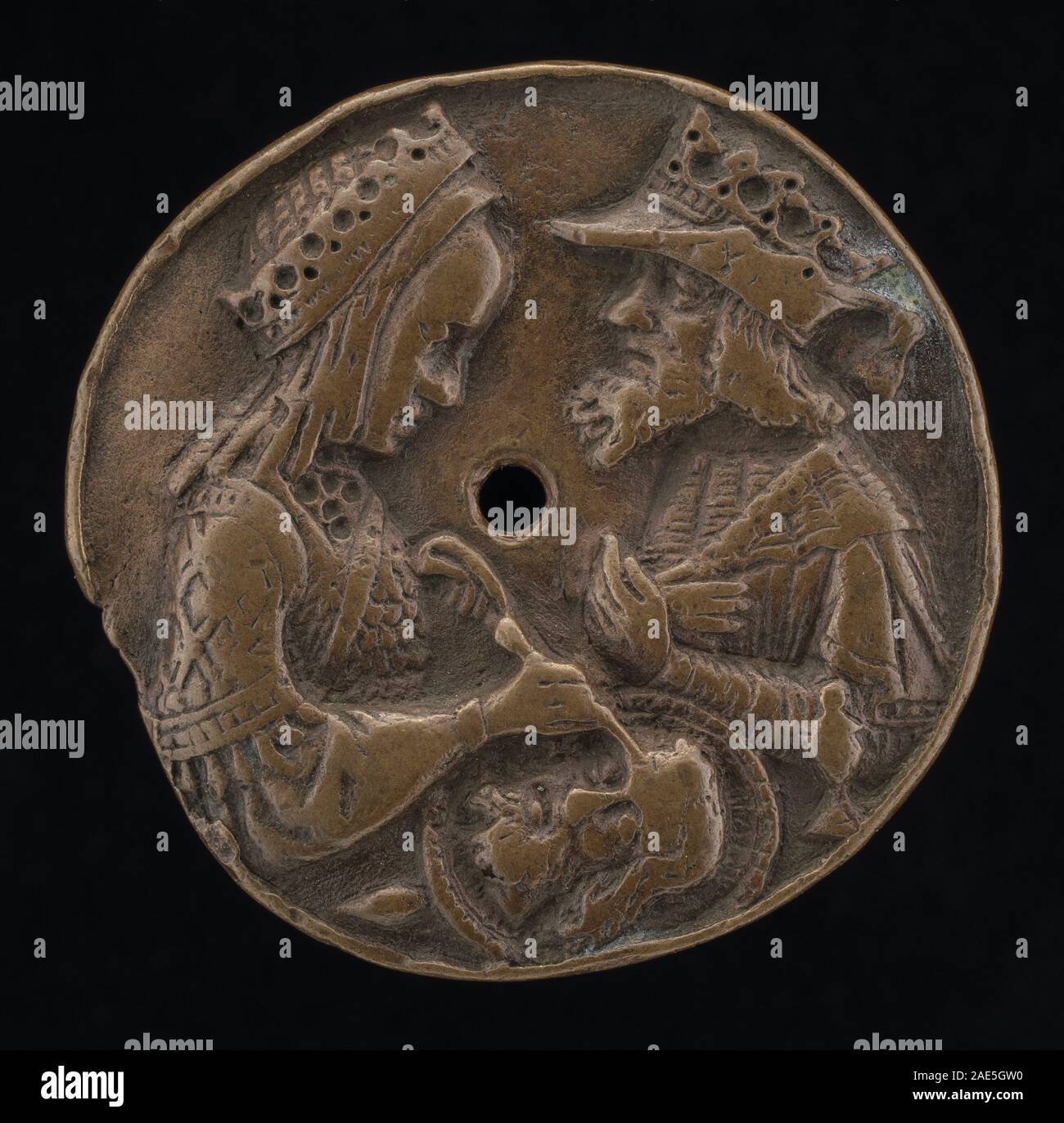 Dieses französische Gemälde aus dem späten 15. Jahrhundert stellt Herodes und Herodias dar und zeigt Figuren, Haltung, Kleidung, Ausdruck, Inneneinrichtung und künstlerischer Stil der französischen Renaissance. Stockfoto