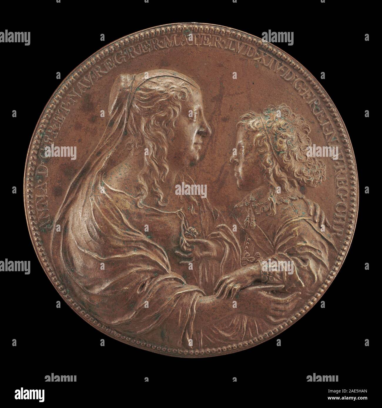 Ein französisches Porträt von Jean Warin aus dem 17. Jahrhundert, das Ludwig XIV. Als König von Frankreich und seine Mutter Anne von Österreich zeigt, zeigt königliche Kleidung, Kronen und Insignien. Das Werk spiegelt französische barocke Porträtkonventionen wider. Stockfoto