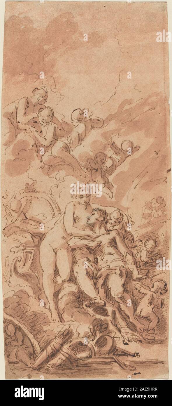 Ein französisches Gemälde aus dem 18. Jahrhundert, das Venus zeigt, die Vulkan-Schmiede besucht, und mythologische Figuren, Werkzeuge, Feuer und klassische Kompositionen zeigt, die typisch für die französische akademische Kunst sind. Stockfoto