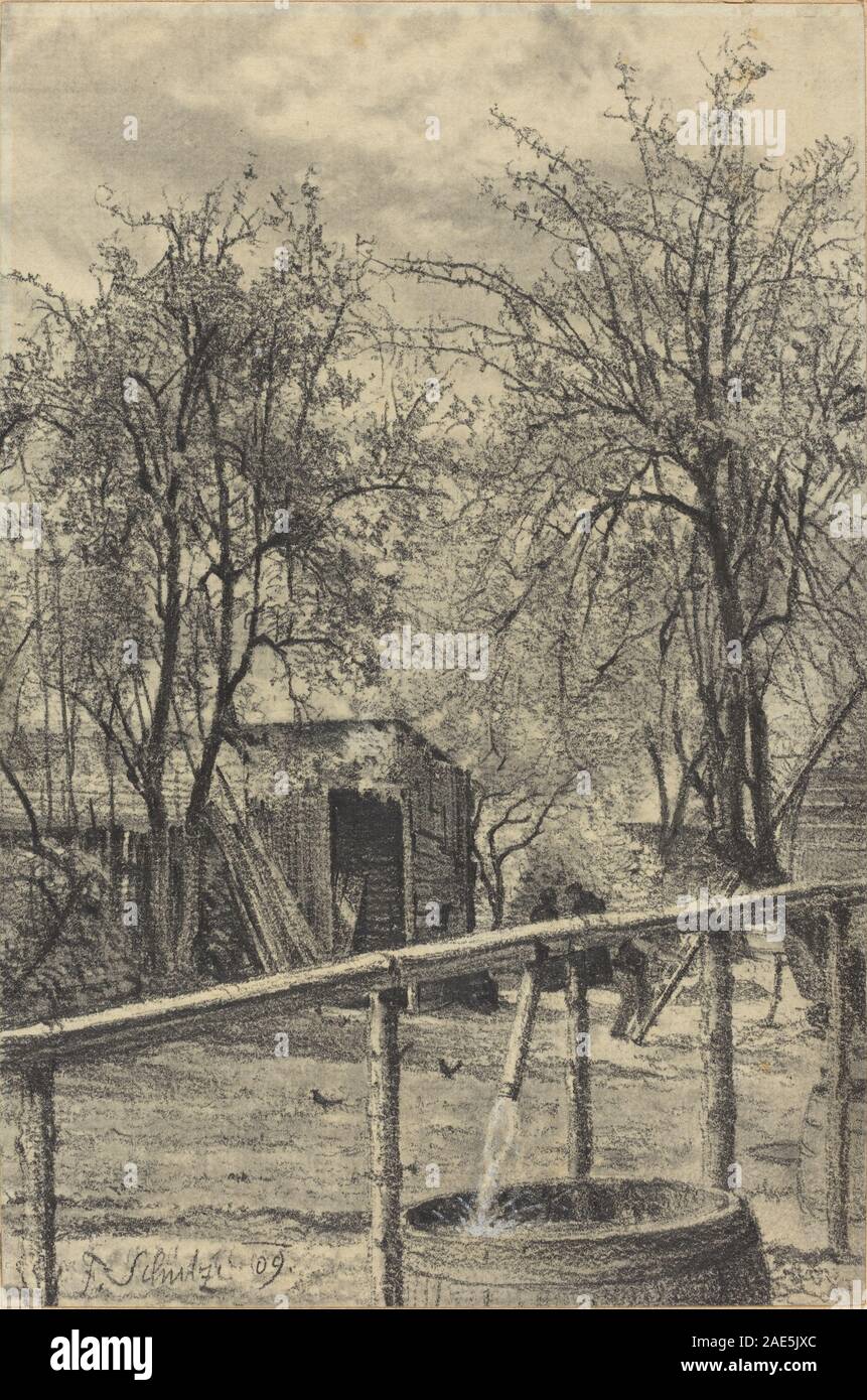 Ein Gemälde von Fritz Schulze aus dem Jahr 1909, das eine Ecke eines Mietgartens darstellt. Die Arbeit betont Pflanzenleben, Gartengestaltung und umgebende Strukturen in einer Außenkomposition. Stockfoto