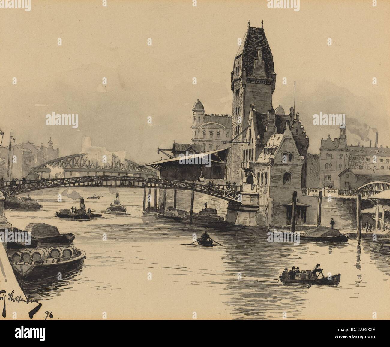 Ein Gemälde von Fritz Stoltenberg aus dem Jahr 1893, das den Zollkanal darstellt und den Kanalwasserweg, die umgebende Landschaft, Boote, Reflexionen und den Himmel zeigt. in realistischem Stil mit viel Aufmerksamkeit auf Licht und Komposition. Stockfoto