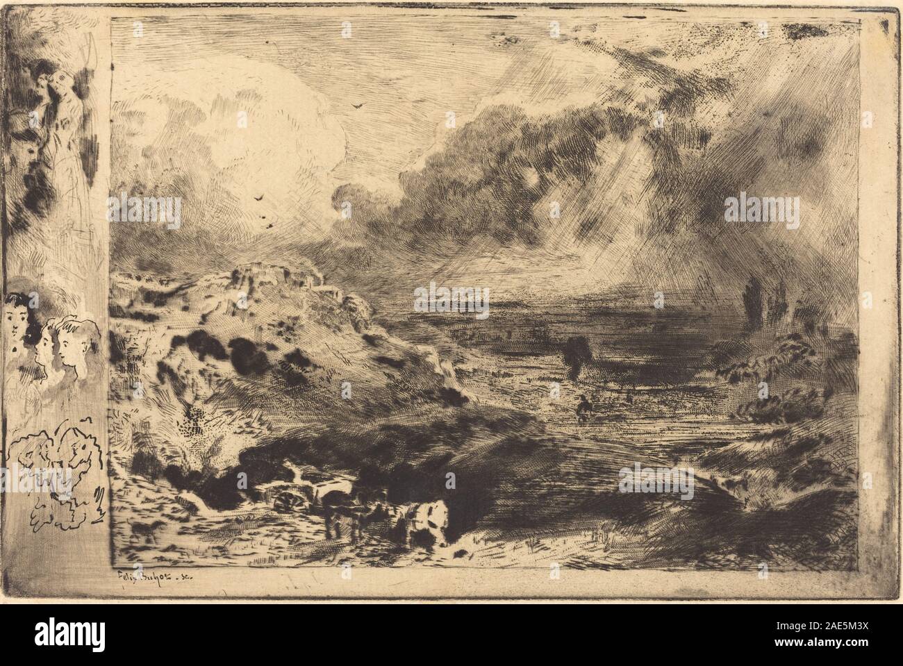 Ätzung von Félix-Hilaire Buhot aus dem Jahr 1879 mit dem Titel „The Storm“, die eine stürmische Landschaft mit dunklen Wolken, vom Wind verwehten Bäumen, turbulenten Gewässern und atmosphärischen Effekten darstellt, die typisch für die französische Kunst des 19. Jahrhunderts sind. Stockfoto
