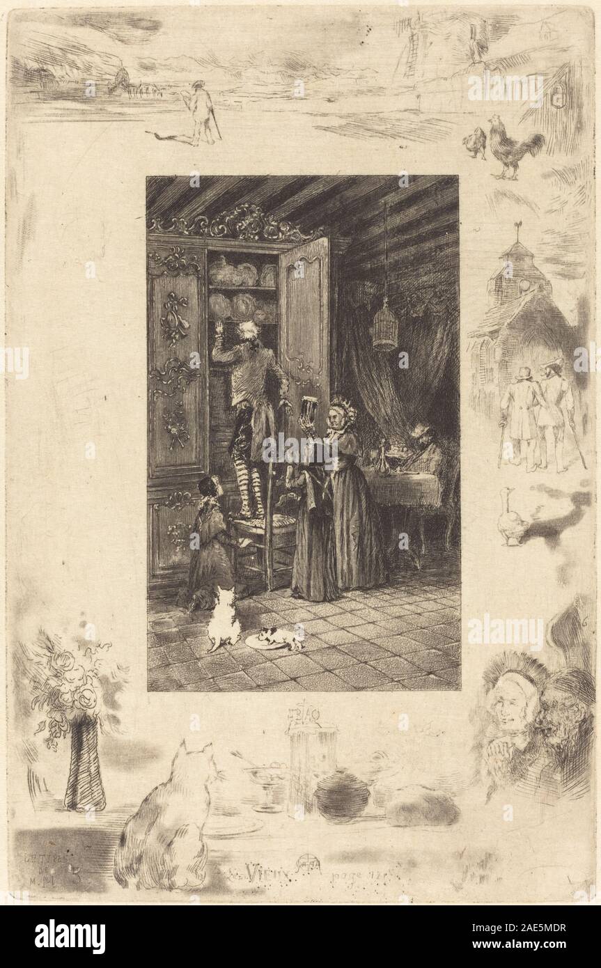 Ätzung „Les Vieux“ (die Ältesten) von Félix-Hilaire Buhot, um 1885, mit älteren Figuren in verschiedenen Posen, Gesichtsausdrücken, Kleidung und sozialem Kontext des späten 19. Jahrhunderts. Stockfoto