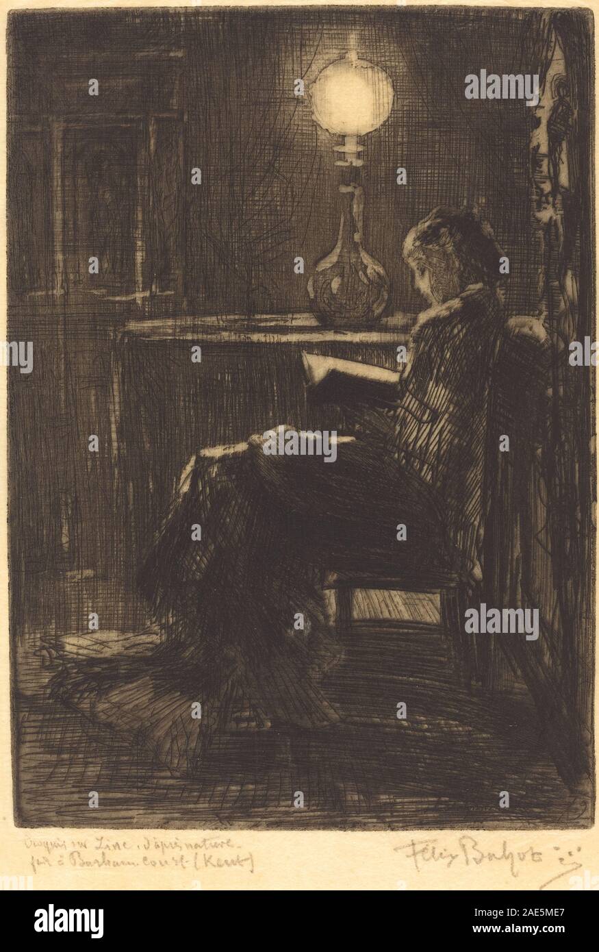 Ein Druck von Félix-Hilaire Buhot aus dem Jahr 1879, der eine Frau zeigt, die in Innenräumen am Lampen liest, Lichteffekte, Körperhaltung, Kleidungsdetails und eine Wohnkultur aus dem späten 19. Jahrhundert zeigt. Stockfoto