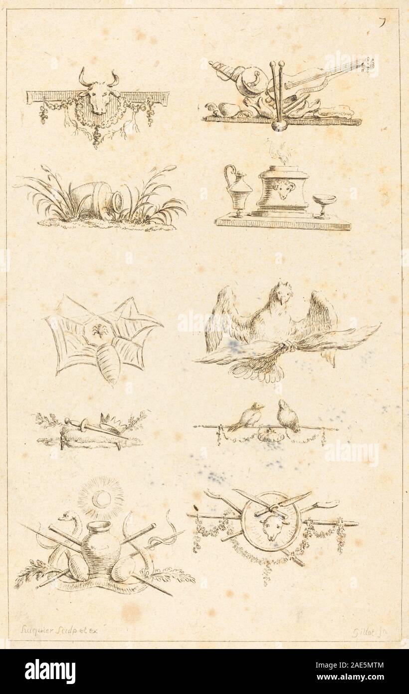 Designs für Tail-Pieces: pl. 7; c. 1730 Gabriel Huquier nach Claude Gillot, Entwürfe für Tail-Pieces-pl7, c1730 Stockfoto