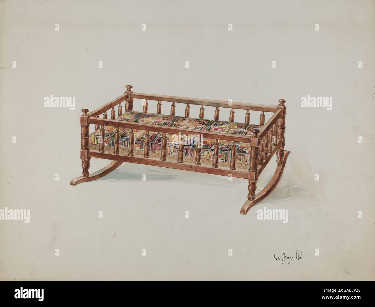 Die Wiege einer Puppe, die um 1937 von Geoffrey Holt hergestellt wurde, zeigt Holzkonstruktionen, Designdetails, kleine Möbel und handwerkliches Können von Spielzeug aus dem frühen 20. Jahrhundert. Stockfoto