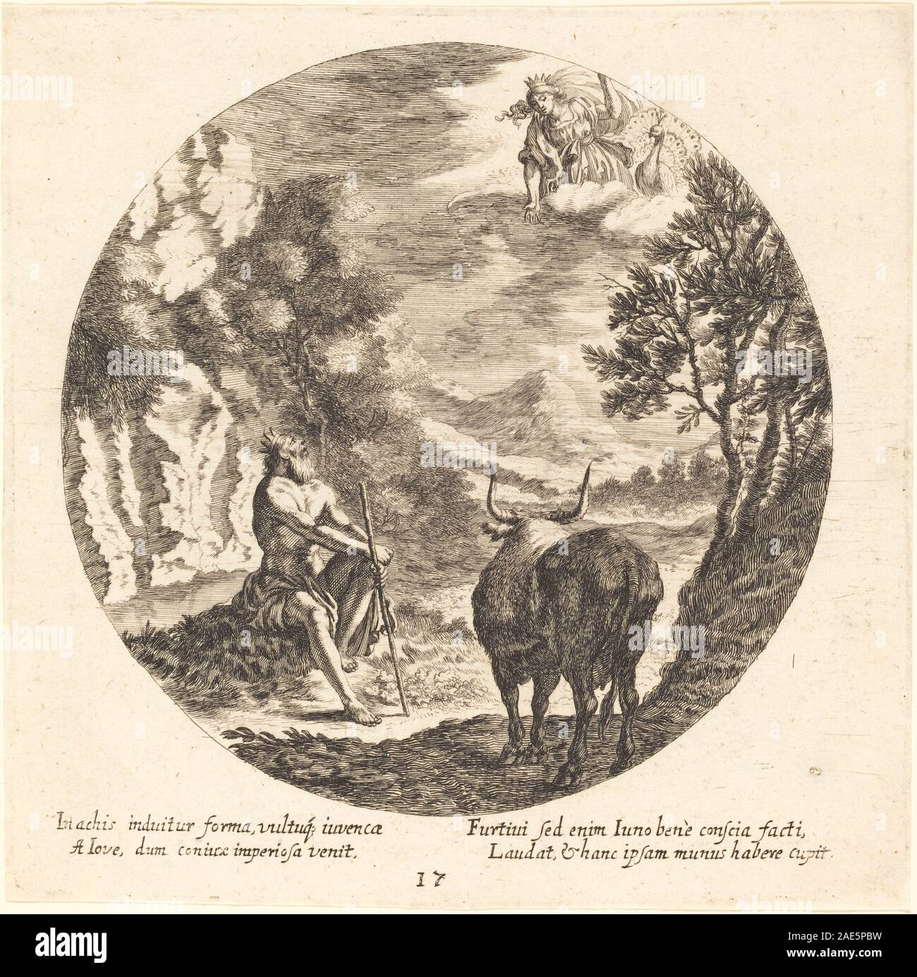 Ein Gemälde von Georg Andreas Wolfgang dem Älteren aus dem Jahr 1665, das die mythologische Szene des Jupiters, der IO in eine Kuh verwandelt, darstellt und die europäische mythologische Kunst des 17. Jahrhunderts und klassische Themen illustriert. Stockfoto